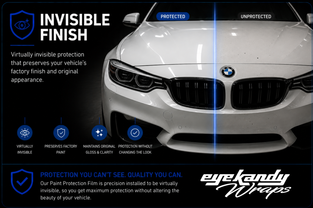 White BMW demonstrating the virtually invisible finish of clear paint protection film
