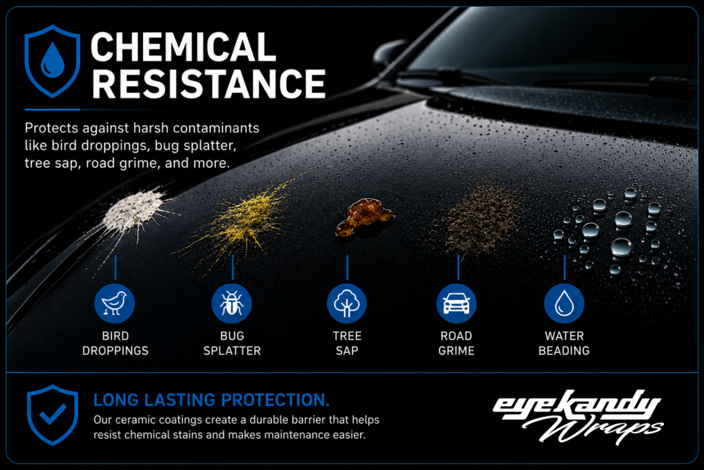 Ceramic-coated vehicle surface resisting environmental contaminants