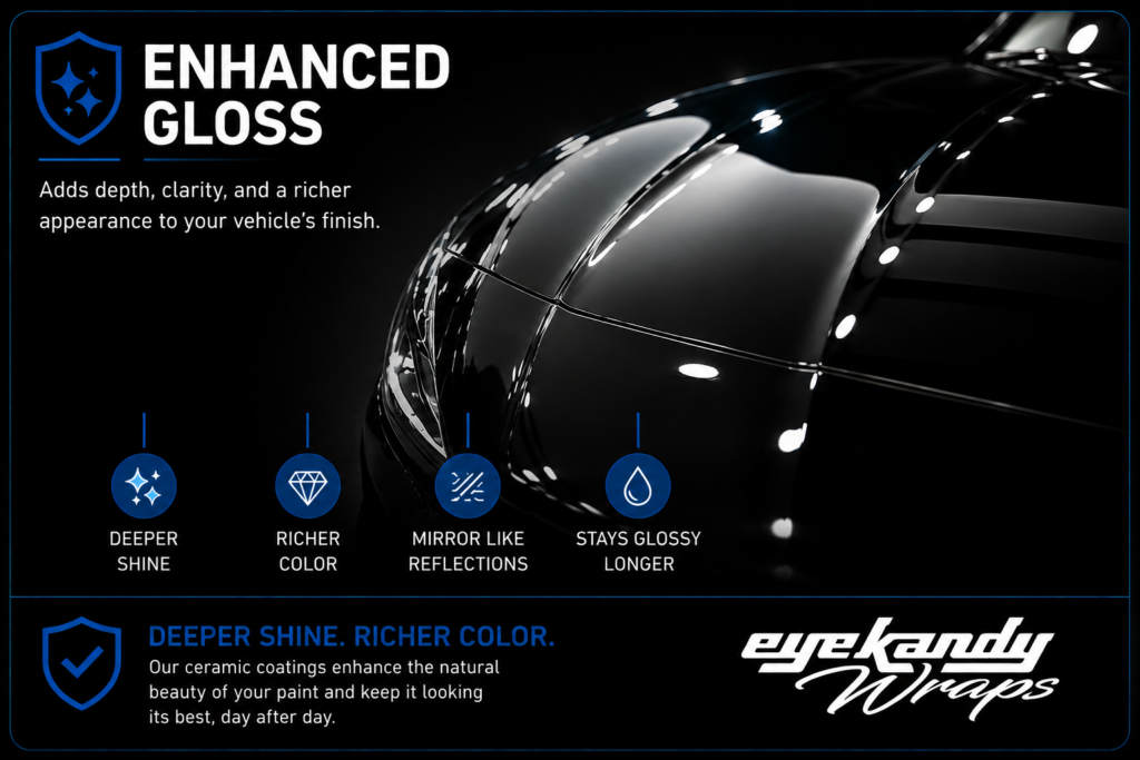 Glossy black vehicle paint enhanced with a ceramic coating