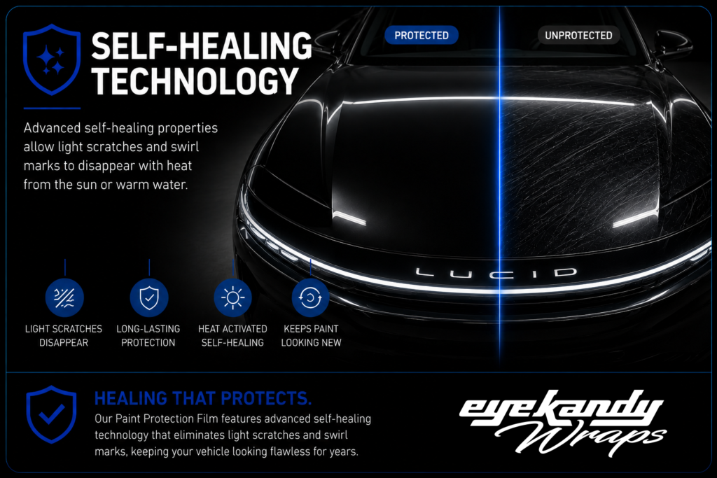 Lucid Air hood illustrating the self-healing technology of clear paint protection film