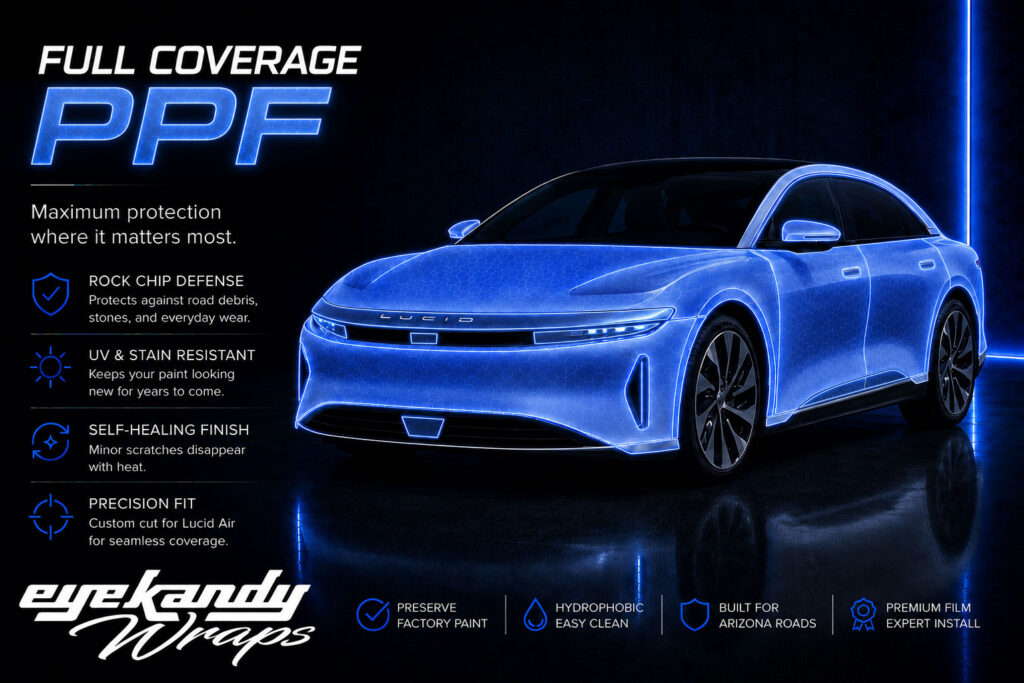 Lucid Air diagram showing full-vehicle paint protection film coverage