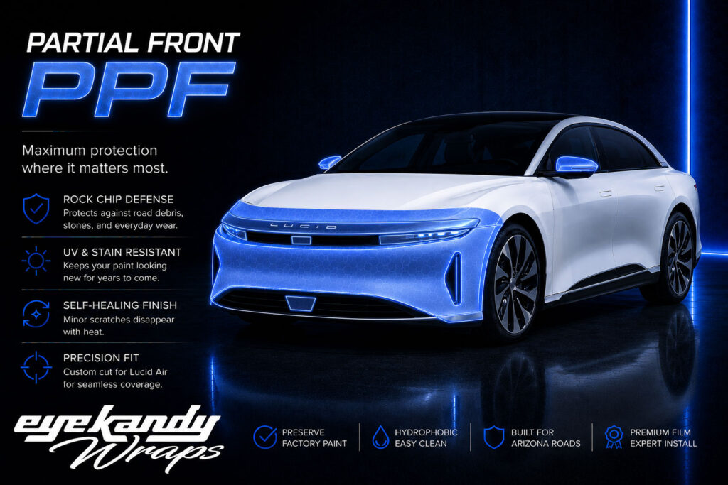 Lucid Air diagram showing partial-front paint protection film coverage