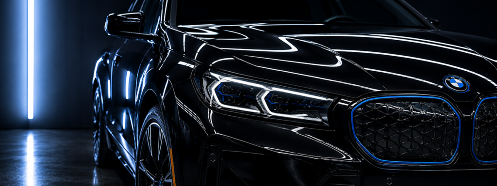 Glossy vehicle paint protected with a professional ceramic coating