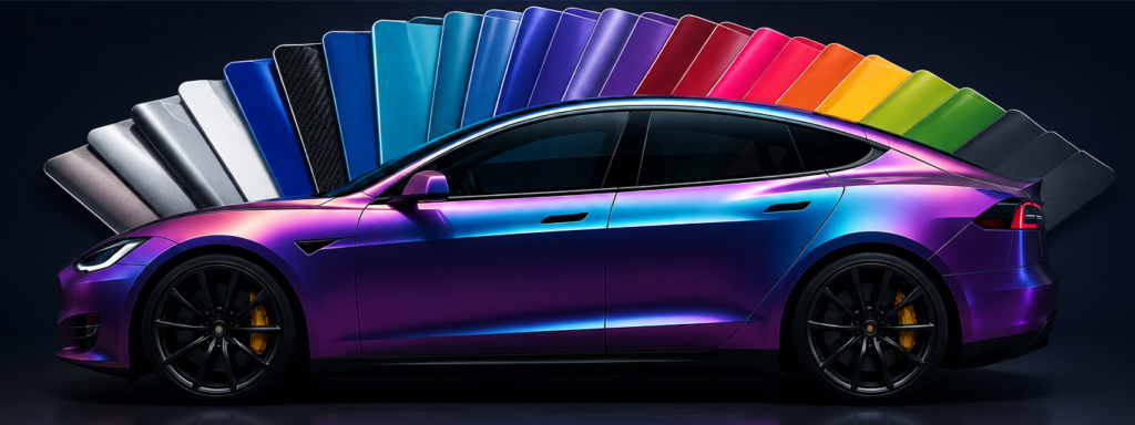 Colorful wrapped vehicle with a selection of custom vinyl wrap colors