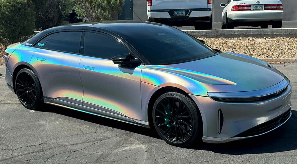 Lucid Air showcasing an eye-catching color-shifting vehicle wrap