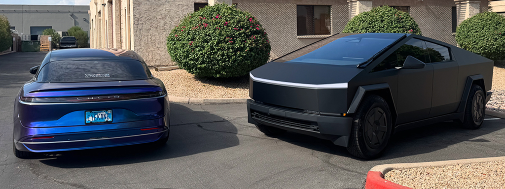Lucid Air and Tesla Cybertruck showcasing color-changing paint protection film wraps