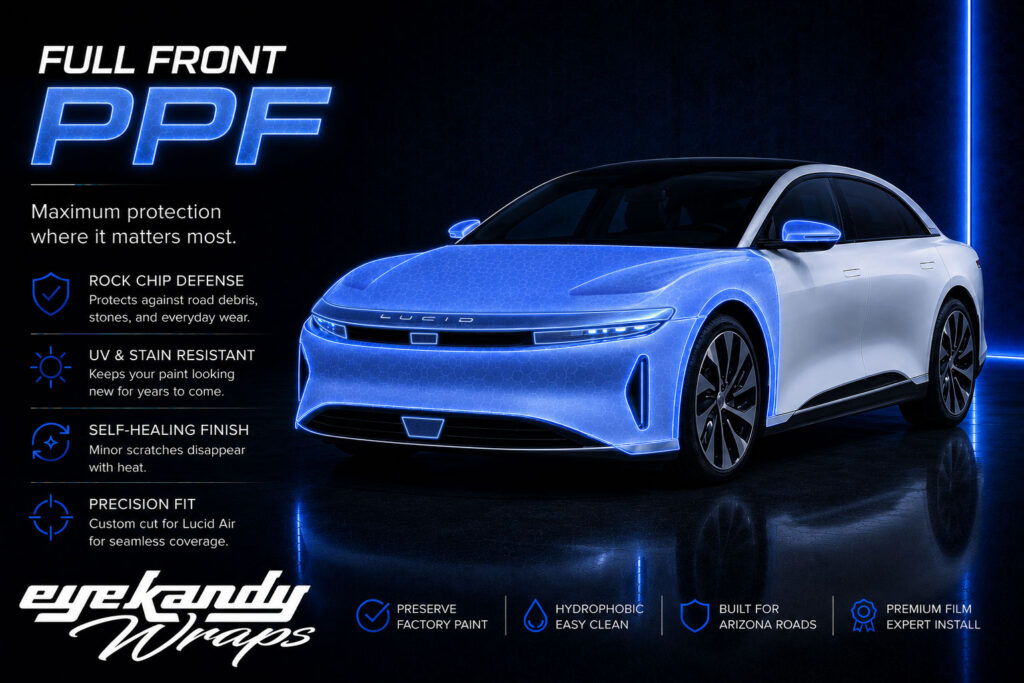 Lucid Air diagram showing full-front paint protection film coverage